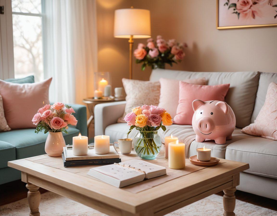A cozy love nest featuring a beautifully decorated living space with warm lighting, romantic accents like candles and flowers, and financial symbols subtly integrated into the decor (like piggy banks or charts). A couple is joyfully discussing their financial goals at a charming coffee table, surrounded by a sense of love and support. Soft pastel colors create an inviting atmosphere. vibrant colors. warm lighting. 3D.