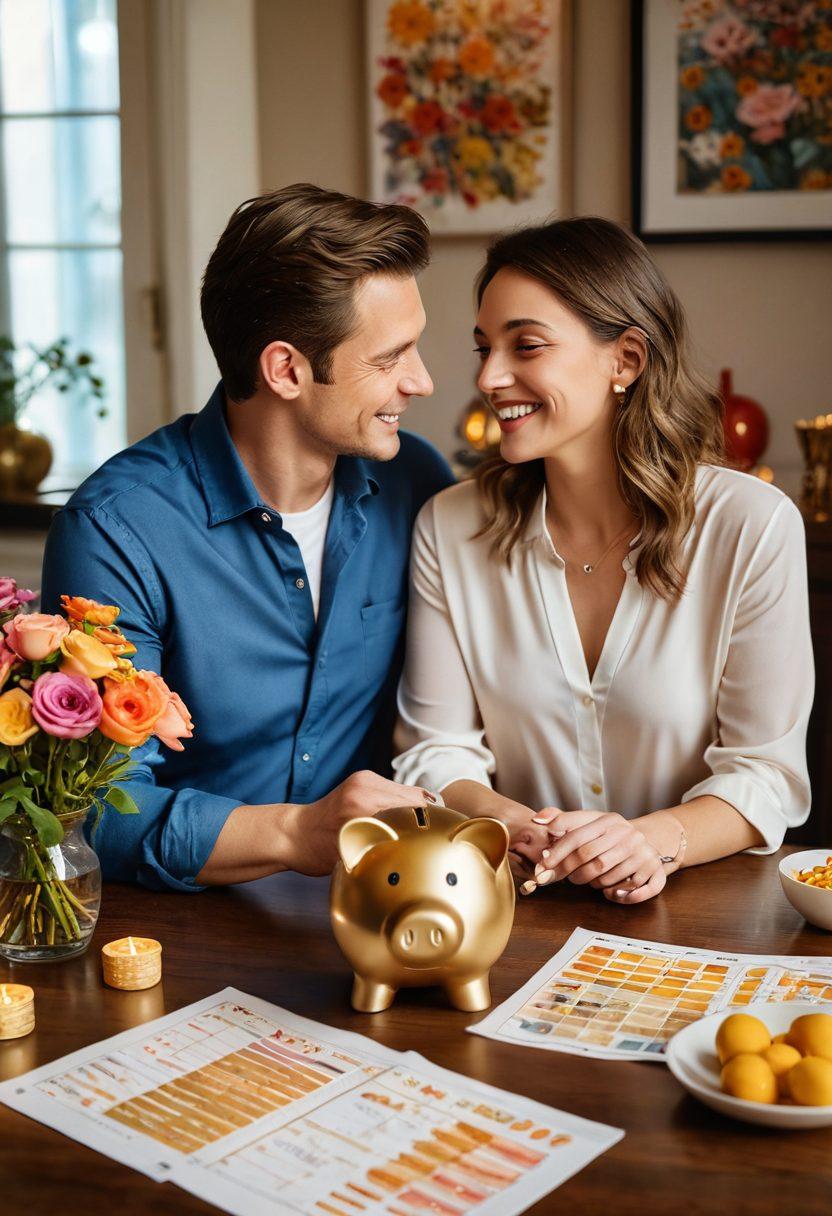 A couple sitting at a beautifully set dining table, surrounded by symbols of wealth like gold coins, a piggy bank, and charts showing financial growth, while sharing a joyful moment and exchanging loving glances. The background features a cozy, romantic ambiance with soft lighting and colorful flowers. This imagery embodies the harmony of romance and financial mastery. super-realistic. vibrant colors. warm lighting.